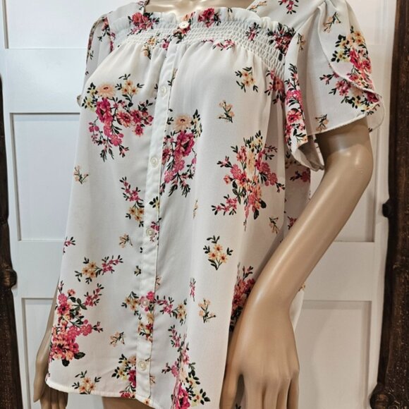 No Boundaries Floral Blouse XL Button Front Criss-Cross Back Recycled Poly - Picture 1 of 15